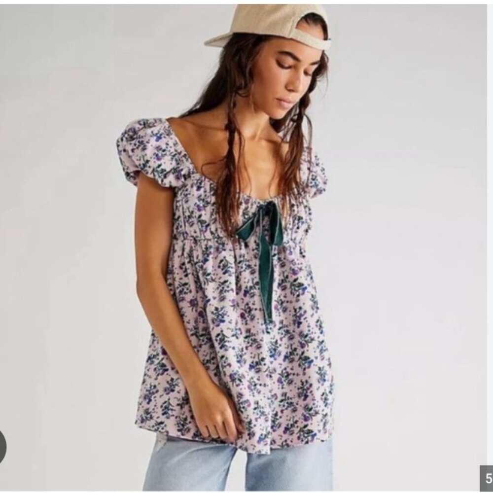 Free People Pink Floral Puff-Sleeve Babydoll Top with Green Tie